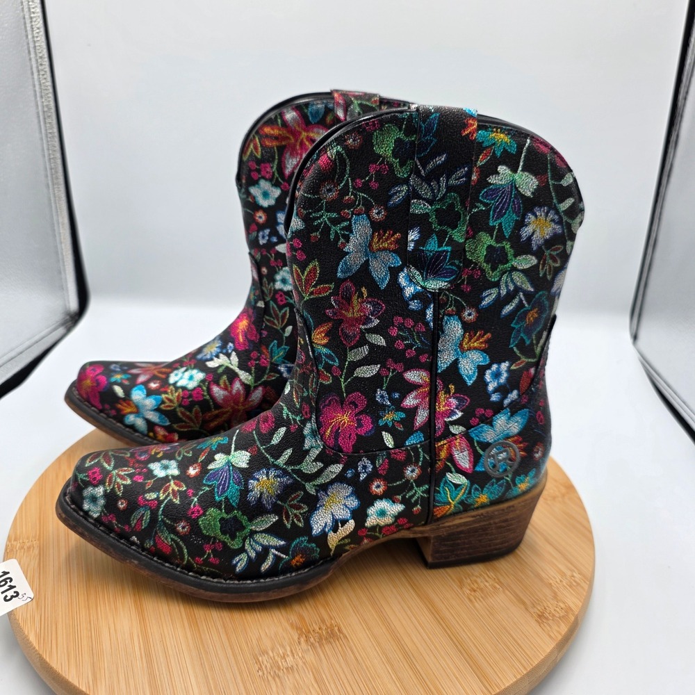 Roper Womens Floral Western Boots Snip Toe Black Multi Color Cowboy Boot 6.5 - Picture 3 of 7
